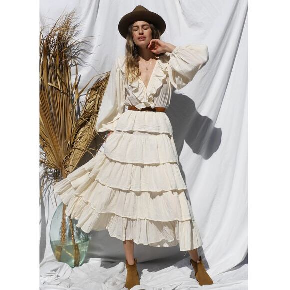 Jen's Pirate Booty Moon Maxi Dress White Ruffle Tiered Long Sleeve Sz XS - Picture 2 of 14
